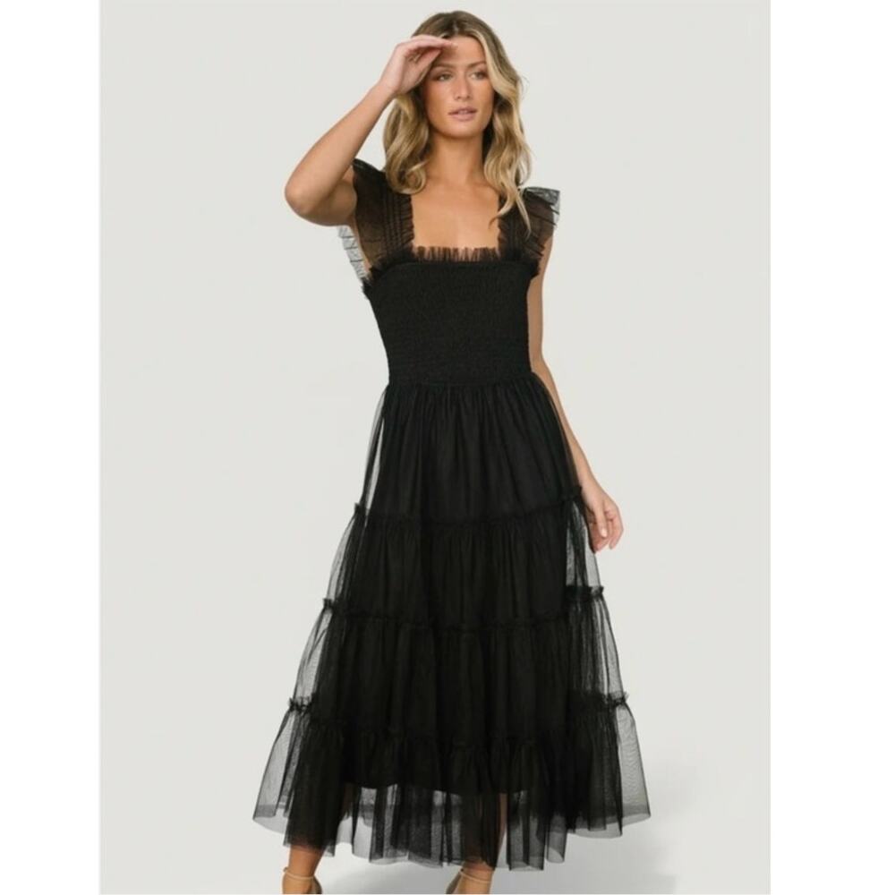 Baltic Born Emma Smocked Tulle Midi Tiered Dress Black Whimsygoth Size XL
